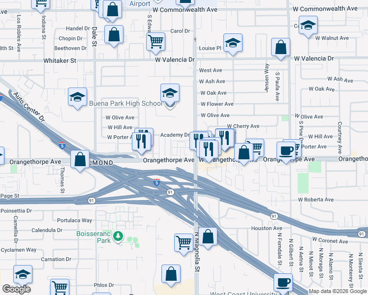 map of restaurants, bars, coffee shops, grocery stores, and more near 6956 Faculty Circle in Buena Park