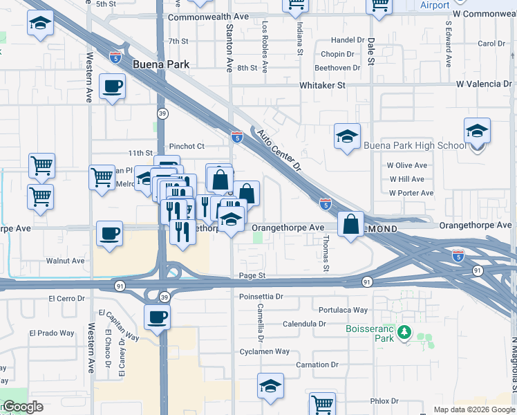 map of restaurants, bars, coffee shops, grocery stores, and more near 6952 Oregon Street in Buena Park