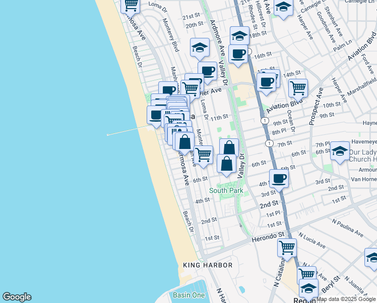 map of restaurants, bars, coffee shops, grocery stores, and more near in Hermosa Beach