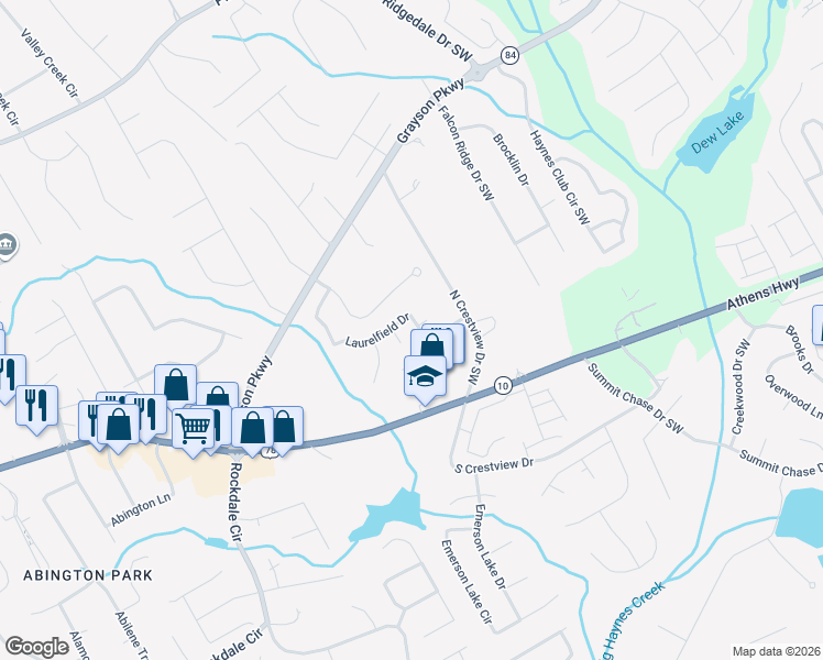 map of restaurants, bars, coffee shops, grocery stores, and more near 2553 Laurelfield Drive in Grayson
