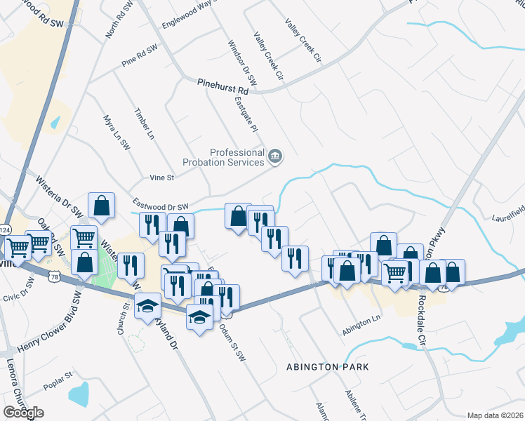map of restaurants, bars, coffee shops, grocery stores, and more near 2360 Hickory Station Circle in Snellville