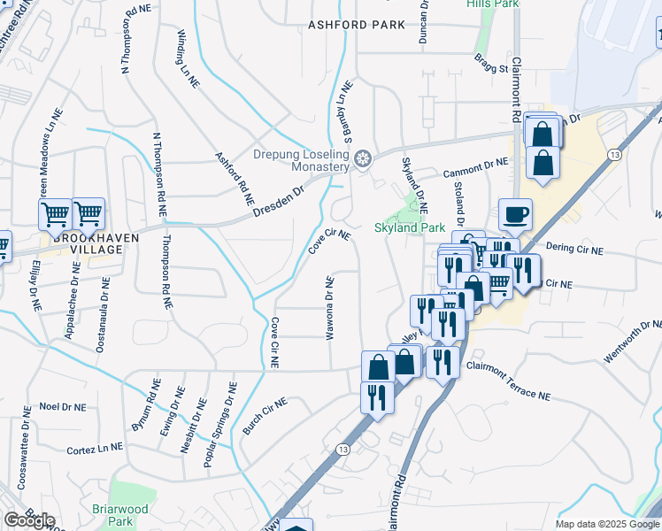 map of restaurants, bars, coffee shops, grocery stores, and more near 2509 Wawona Drive Northeast in Atlanta