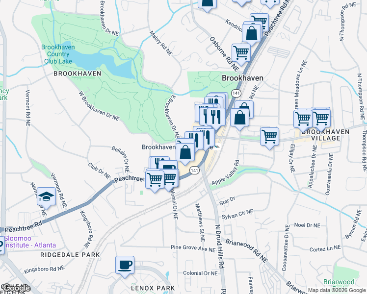 map of restaurants, bars, coffee shops, grocery stores, and more near 27 Brookhaven Drive Northeast in Atlanta