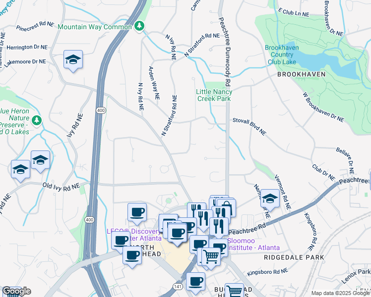 map of restaurants, bars, coffee shops, grocery stores, and more near 3840 Wieuca Terrace Northeast in Atlanta