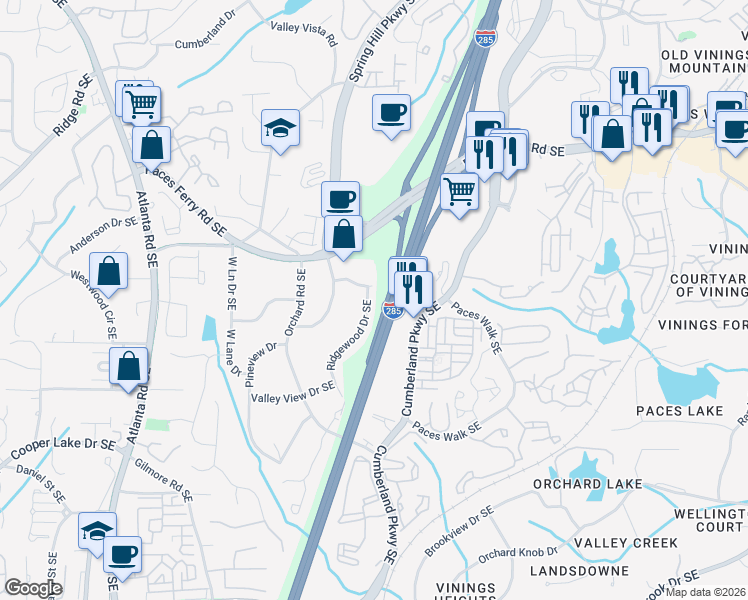 map of restaurants, bars, coffee shops, grocery stores, and more near 3861 Ridgewood Drive Southeast in Smyrna
