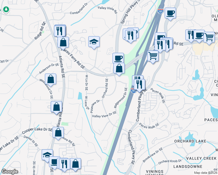 map of restaurants, bars, coffee shops, grocery stores, and more near 3833 Orchard Road Southeast in Smyrna