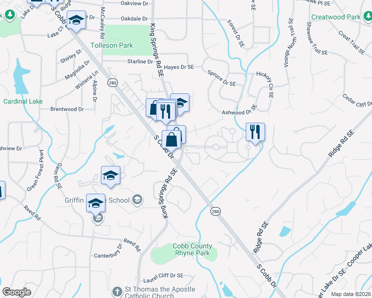 map of restaurants, bars, coffee shops, grocery stores, and more near 1300 Stone Castle Circle in Smyrna