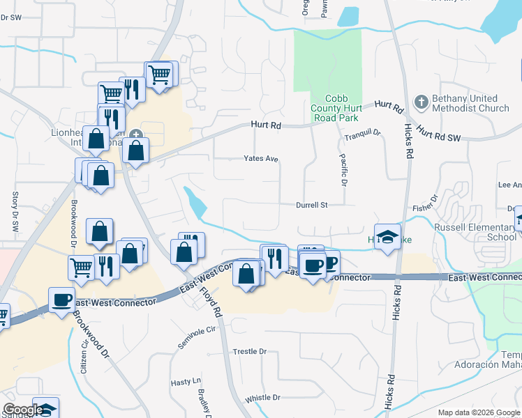 map of restaurants, bars, coffee shops, grocery stores, and more near 1398 Yates Avenue in Austell