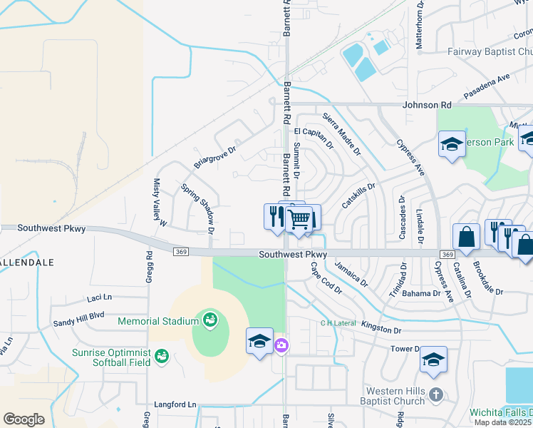 map of restaurants, bars, coffee shops, grocery stores, and more near 4550 Barnett Road in Wichita Falls