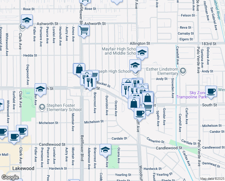 map of restaurants, bars, coffee shops, grocery stores, and more near Rocket Street in Lakewood