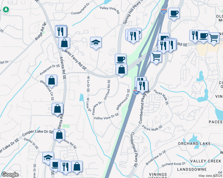 map of restaurants, bars, coffee shops, grocery stores, and more near 3833 Orchard Rd SE in Smyrna