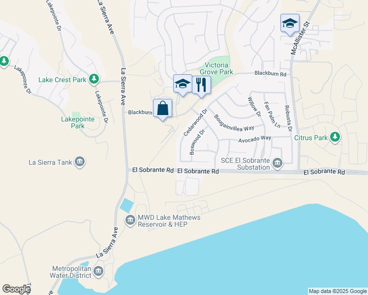 map of restaurants, bars, coffee shops, grocery stores, and more near 17890 Cedarwood Drive in Riverside