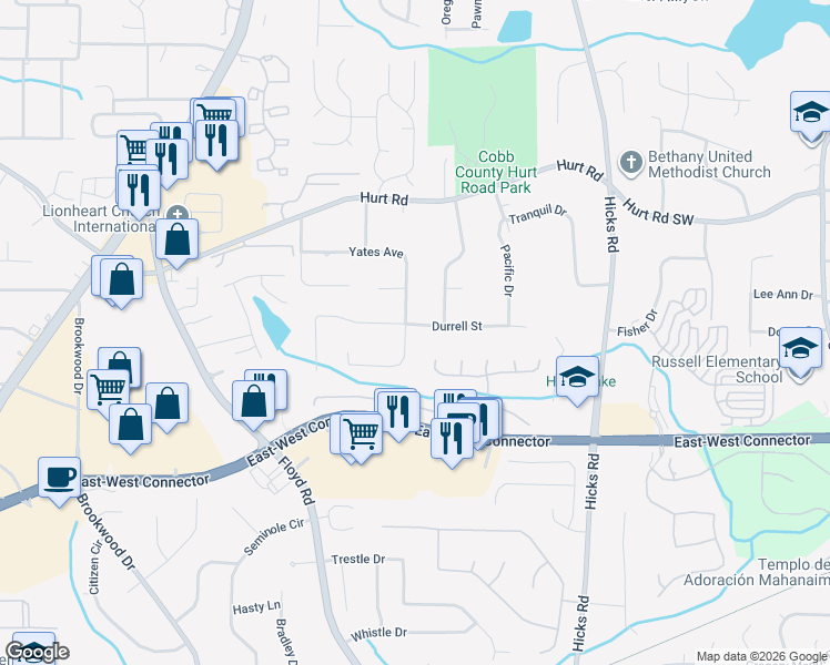 map of restaurants, bars, coffee shops, grocery stores, and more near 1021 Durrell Street in Austell