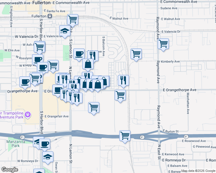 map of restaurants, bars, coffee shops, grocery stores, and more near 5 Walnut Via in Anaheim
