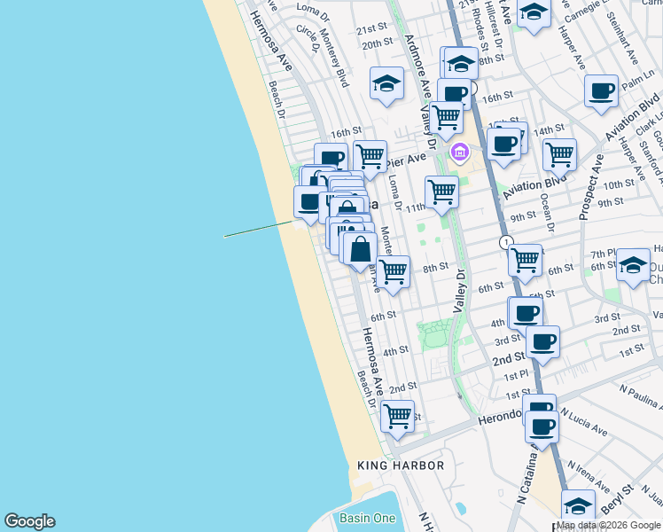 map of restaurants, bars, coffee shops, grocery stores, and more near in Hermosa Beach