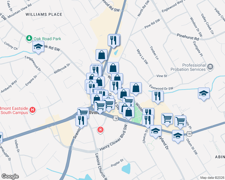 map of restaurants, bars, coffee shops, grocery stores, and more near 2270 Oak Road Southwest in Snellville