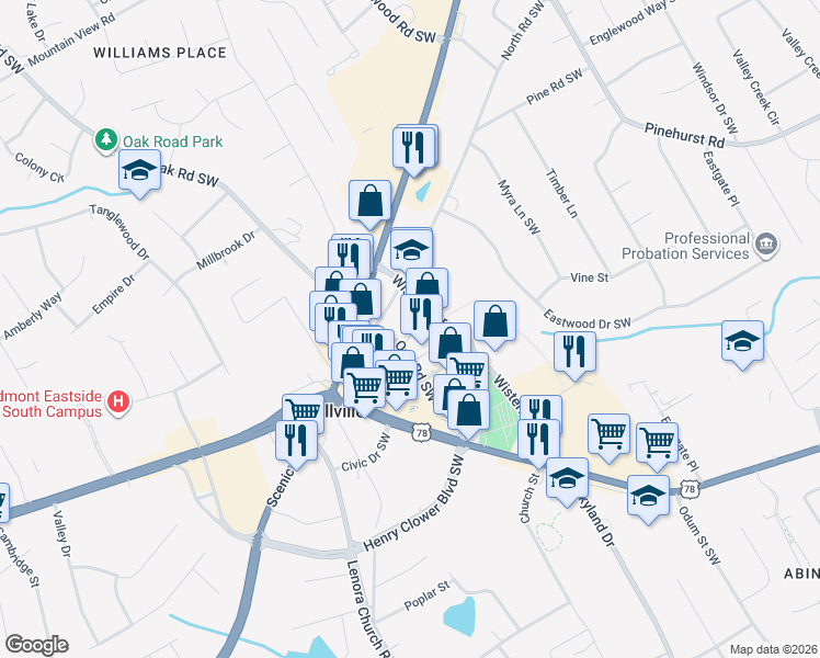 map of restaurants, bars, coffee shops, grocery stores, and more near 2270 Oak Road Southwest in Snellville