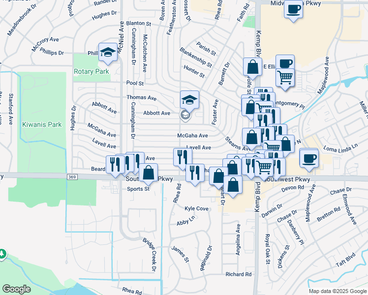 map of restaurants, bars, coffee shops, grocery stores, and more near 2962 Lavell Avenue in Wichita Falls