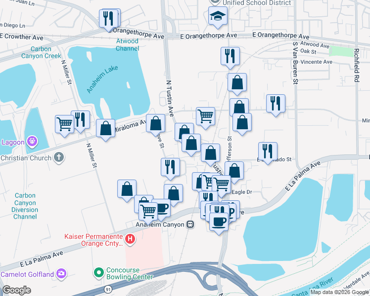 map of restaurants, bars, coffee shops, grocery stores, and more near 1223 North Tustin Avenue in Anaheim