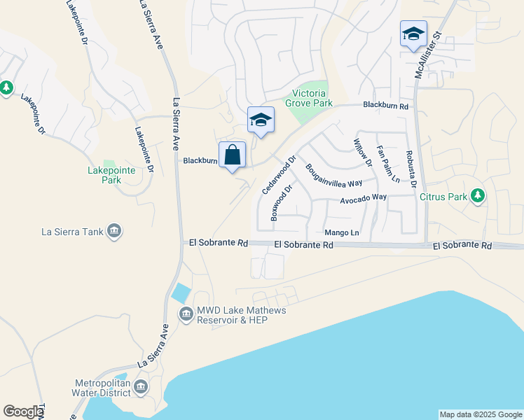 map of restaurants, bars, coffee shops, grocery stores, and more near 17890 Cedarwood Drive in Riverside