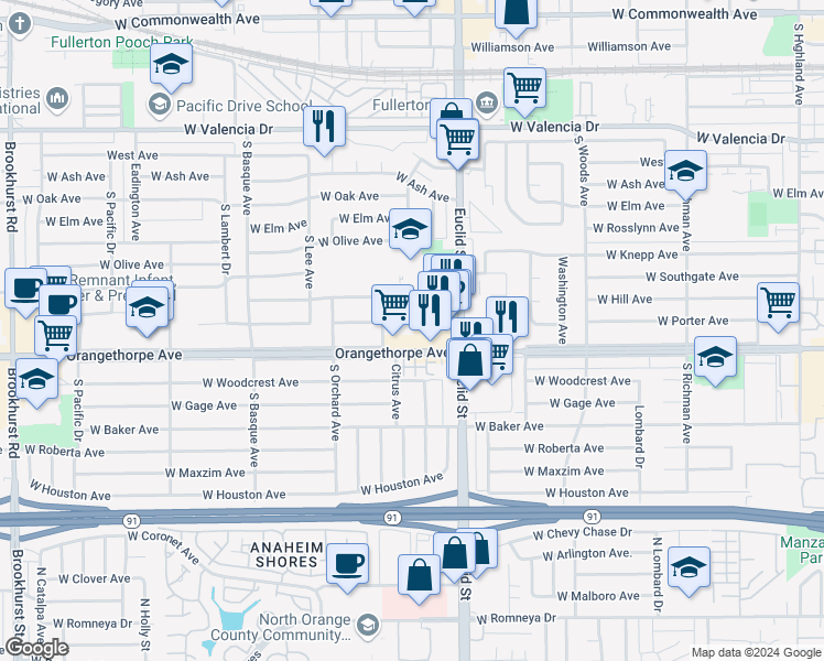 map of restaurants, bars, coffee shops, grocery stores, and more near 1100 West Porter Avenue in Fullerton