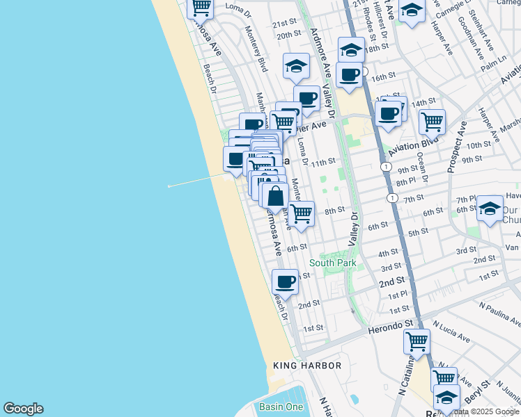 map of restaurants, bars, coffee shops, grocery stores, and more near 58 10th Court in Hermosa Beach