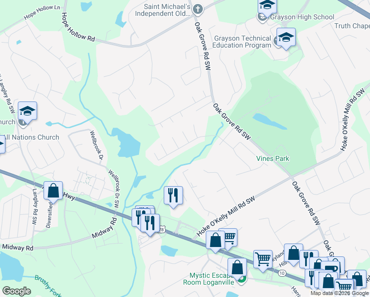 map of restaurants, bars, coffee shops, grocery stores, and more near 220 Lake Valley Drive Southwest in Loganville