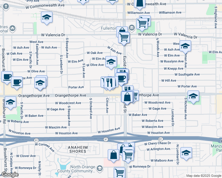 map of restaurants, bars, coffee shops, grocery stores, and more near 1100 West Porter Avenue in Fullerton