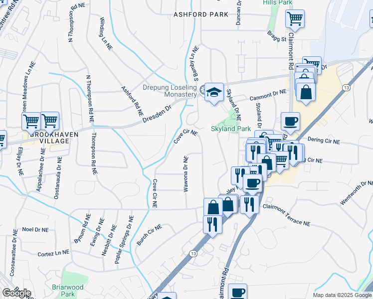 map of restaurants, bars, coffee shops, grocery stores, and more near 2509 Wawona Drive Northeast in Atlanta