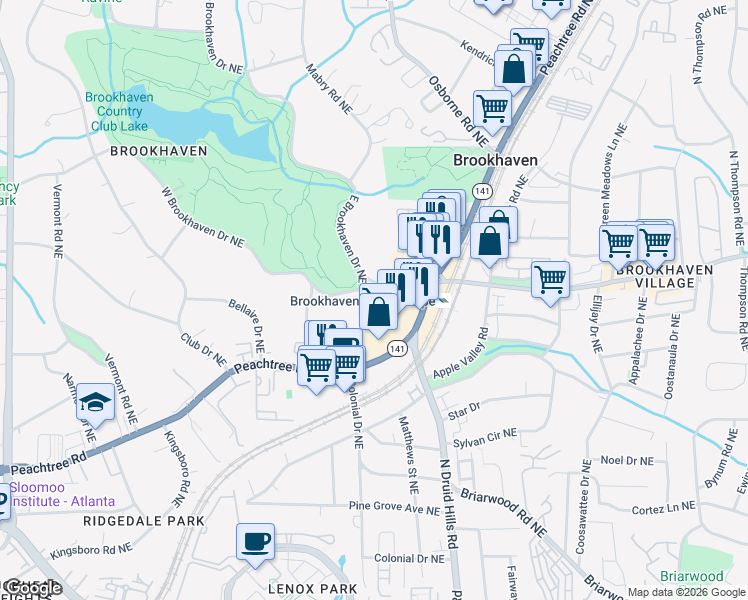 map of restaurants, bars, coffee shops, grocery stores, and more near 27 Brookhaven Drive Northeast in Atlanta