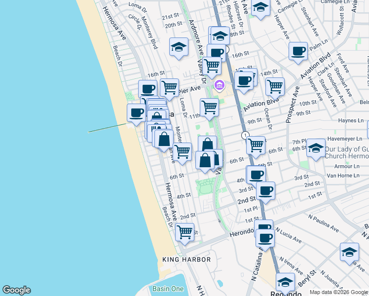 map of restaurants, bars, coffee shops, grocery stores, and more near 830 Monterey Boulevard in Hermosa Beach