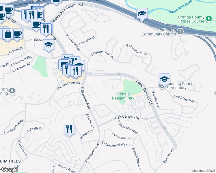 map of restaurants, bars, coffee shops, grocery stores, and more near 844 South Parkglen Place in Anaheim