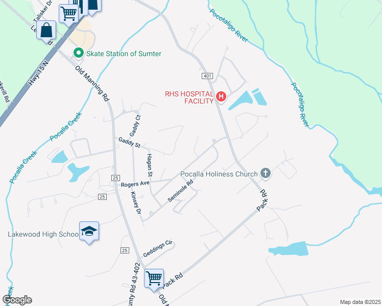 map of restaurants, bars, coffee shops, grocery stores, and more near 4 Pineneedle Court in Sumter