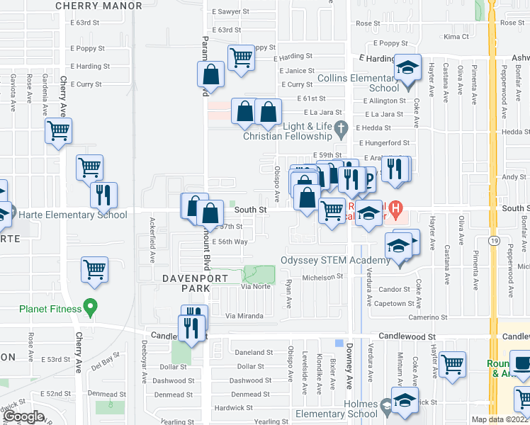 map of restaurants, bars, coffee shops, grocery stores, and more near 5749 Acacia Lane in Lakewood