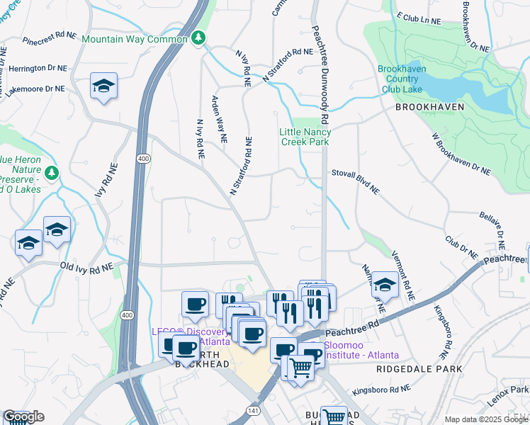 map of restaurants, bars, coffee shops, grocery stores, and more near 3840 Wieuca Terrace Northeast in Atlanta