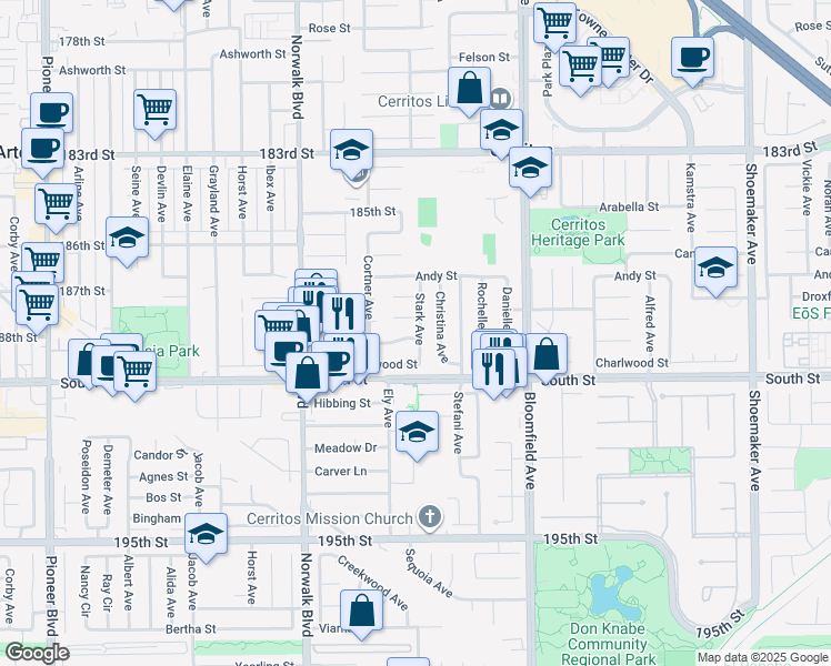 map of restaurants, bars, coffee shops, grocery stores, and more near 18909 Stark Avenue in Cerritos