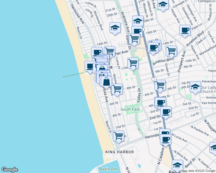 map of restaurants, bars, coffee shops, grocery stores, and more near in Hermosa Beach