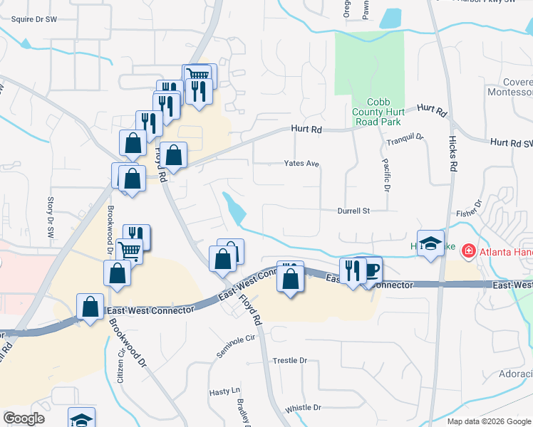 map of restaurants, bars, coffee shops, grocery stores, and more near 1129 Durrell Street in Austell