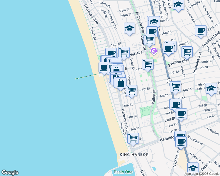 map of restaurants, bars, coffee shops, grocery stores, and more near 19 9th Street in Hermosa Beach