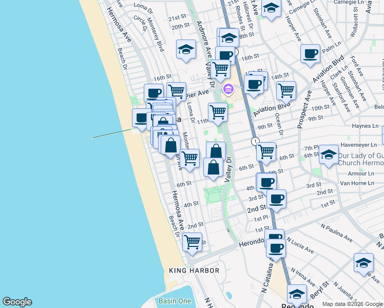 map of restaurants, bars, coffee shops, grocery stores, and more near in Hermosa Beach