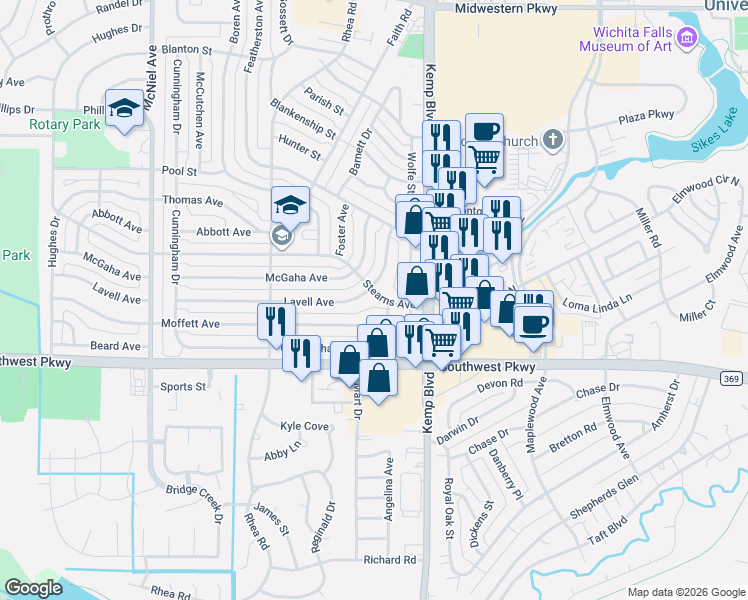 map of restaurants, bars, coffee shops, grocery stores, and more near 2807 Rugeley Street in Wichita Falls