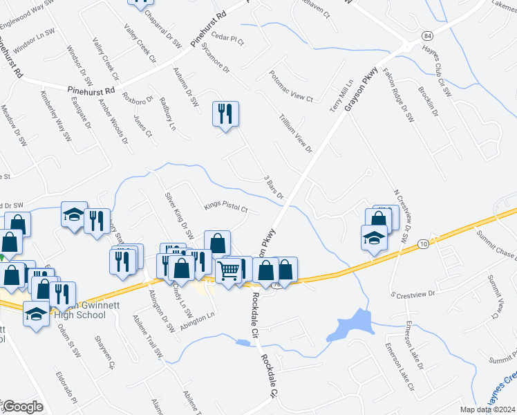 map of restaurants, bars, coffee shops, grocery stores, and more near 2586 Kings Pistol Court in Grayson