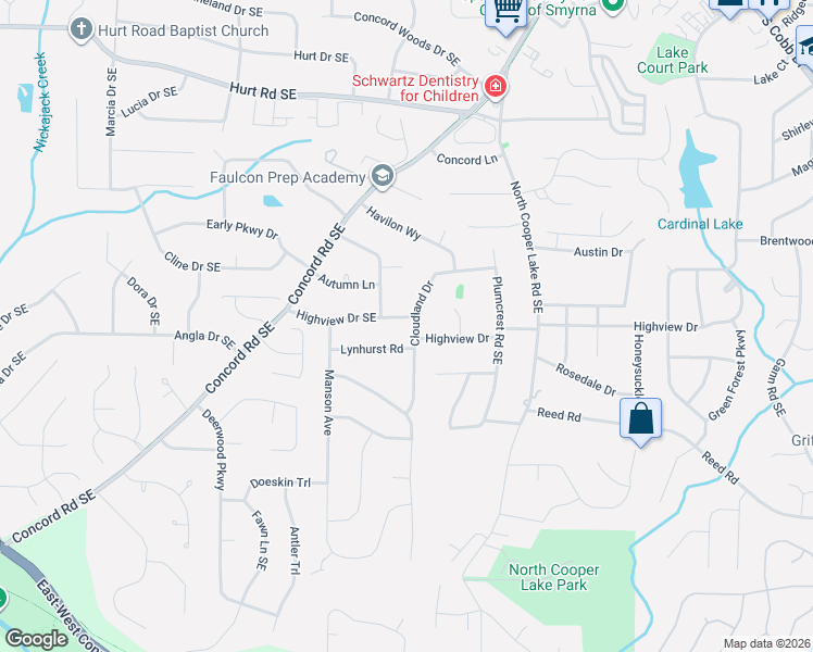 map of restaurants, bars, coffee shops, grocery stores, and more near 417 Lynhurst Road in Smyrna
