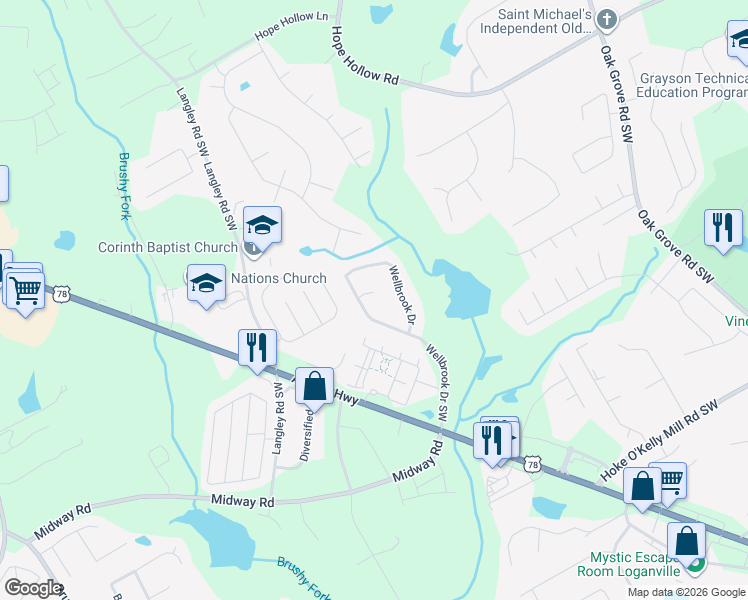 map of restaurants, bars, coffee shops, grocery stores, and more near 620 Wellbrook Court in Loganville