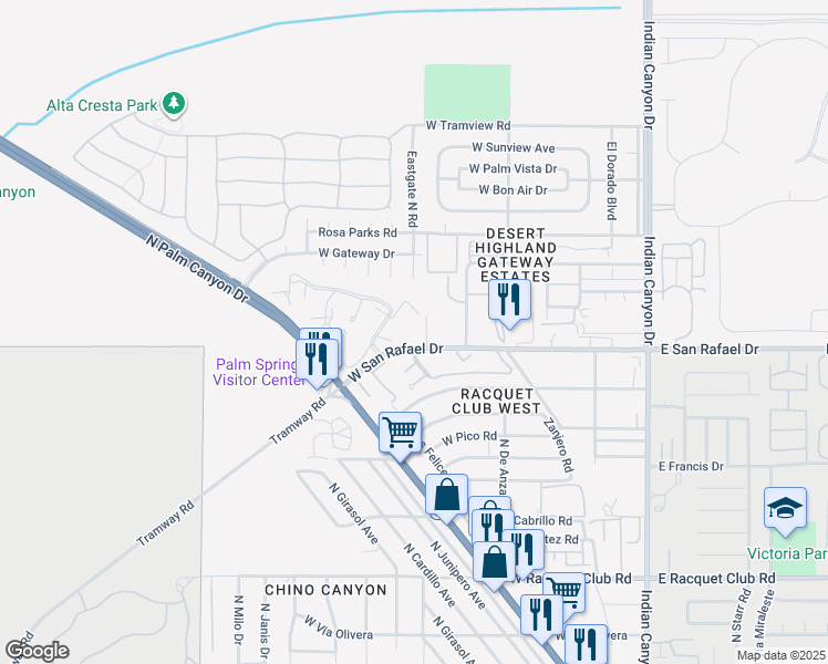 map of restaurants, bars, coffee shops, grocery stores, and more near 2810 North Arcadia Court in Palm Springs