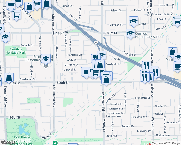 map of restaurants, bars, coffee shops, grocery stores, and more near 13303 South Street in Cerritos