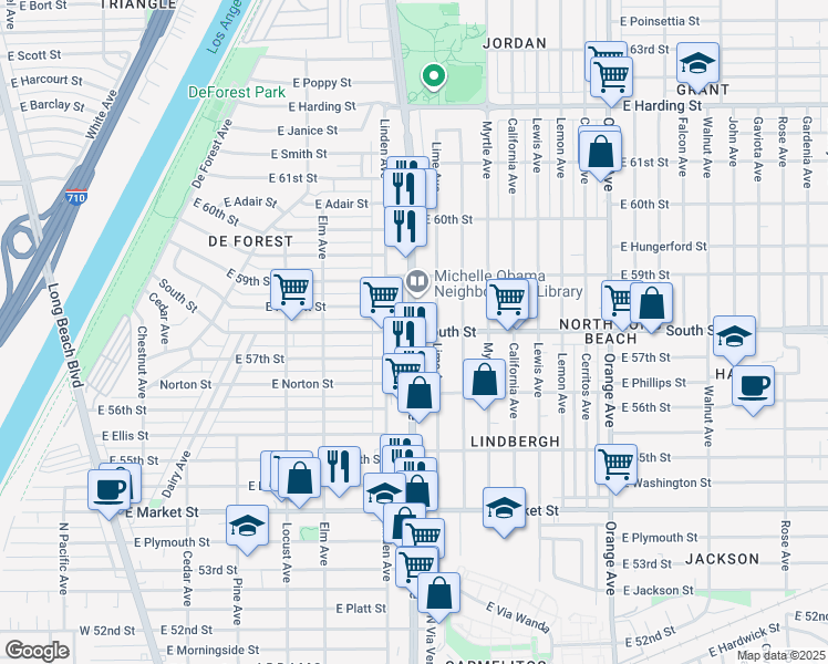 map of restaurants, bars, coffee shops, grocery stores, and more near Atlantic Ave & E South St in Long Beach