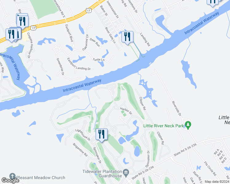 map of restaurants, bars, coffee shops, grocery stores, and more near 1605 Harbor Drive in North Myrtle Beach
