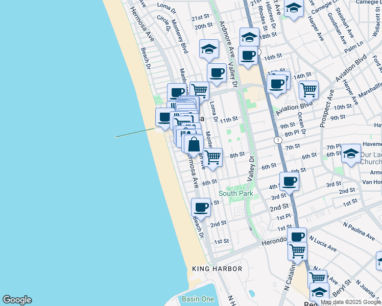 map of restaurants, bars, coffee shops, grocery stores, and more near in Hermosa Beach