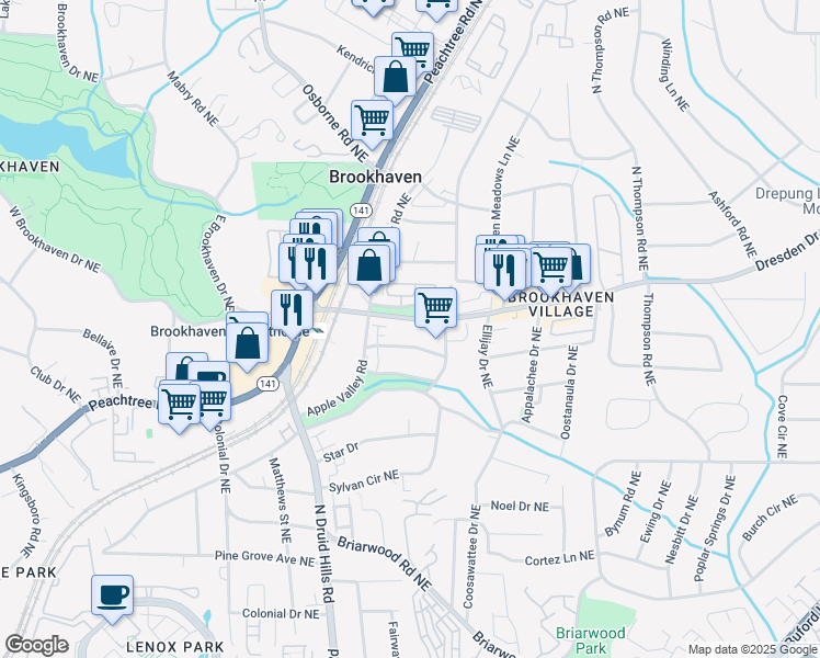 map of restaurants, bars, coffee shops, grocery stores, and more near 1295 Dresden Drive Northeast in Atlanta